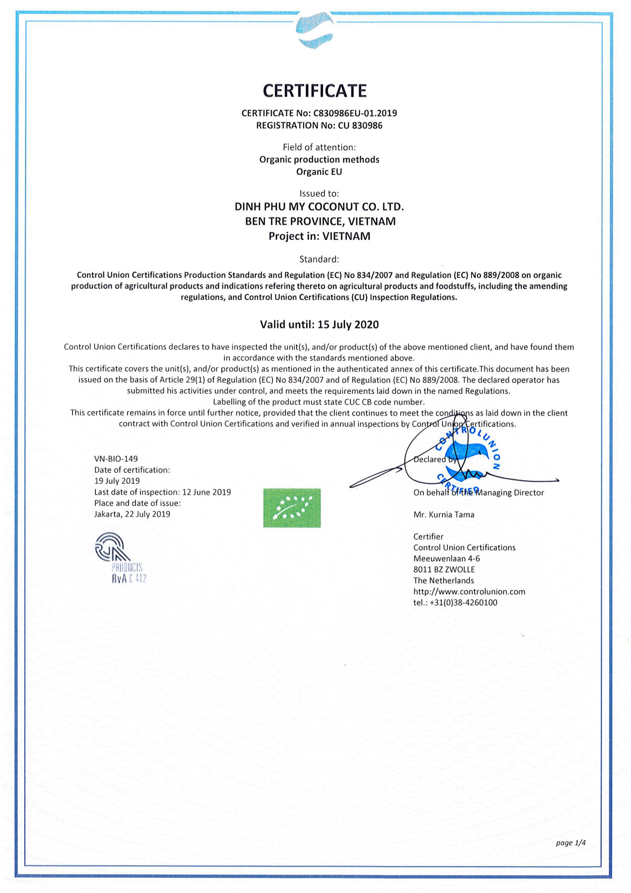 Organic certificate EU